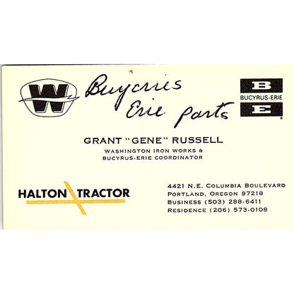 Halton Tractor Grant Gene Russell Portland Oregon Business Card SB4-B5