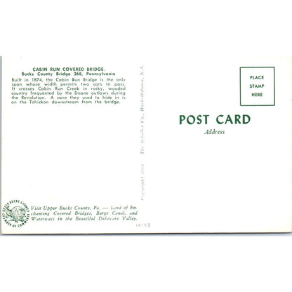 Cabin Run Covered Bridge Bucks County PA Vintage Covered Bridge Postcard PD6