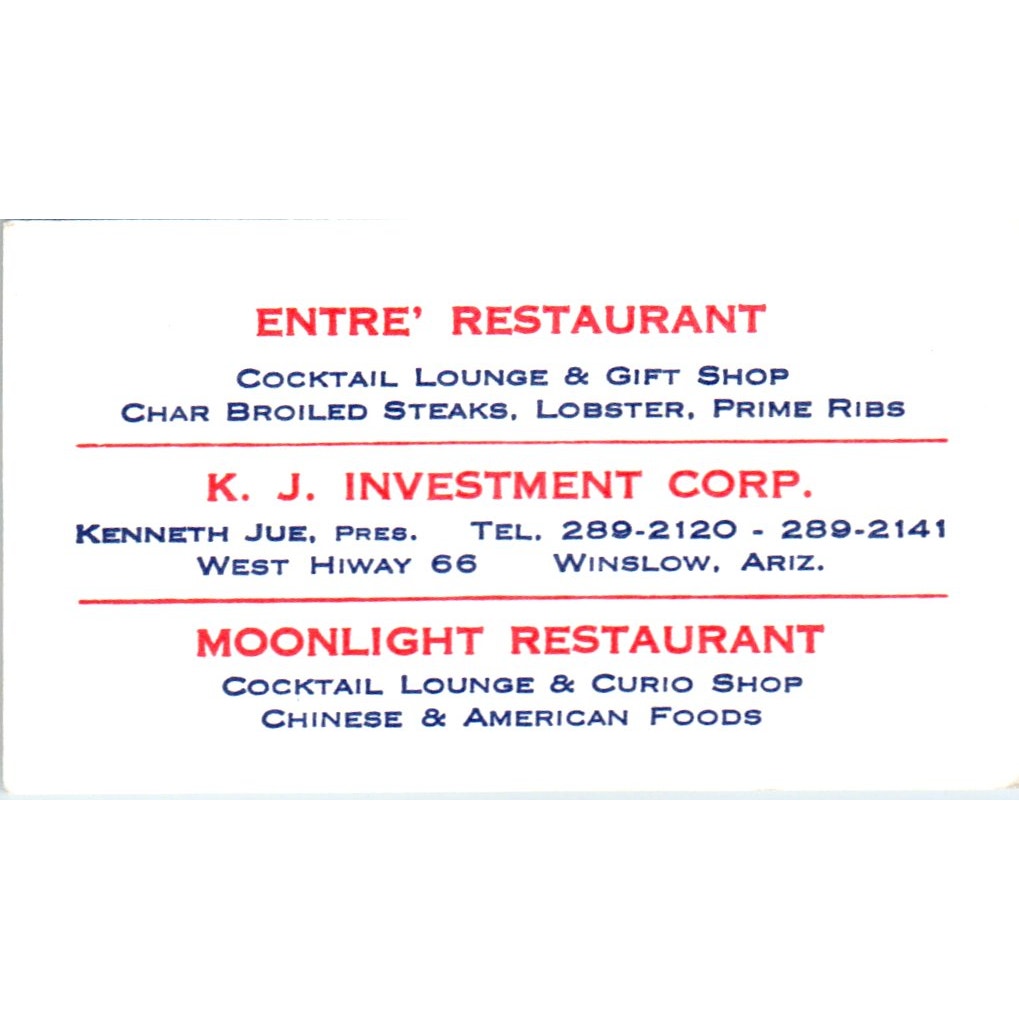 Entre' Restaurant, Moonlight Restaurant, K.J. Investments Winslow AZ Card SD8-B7