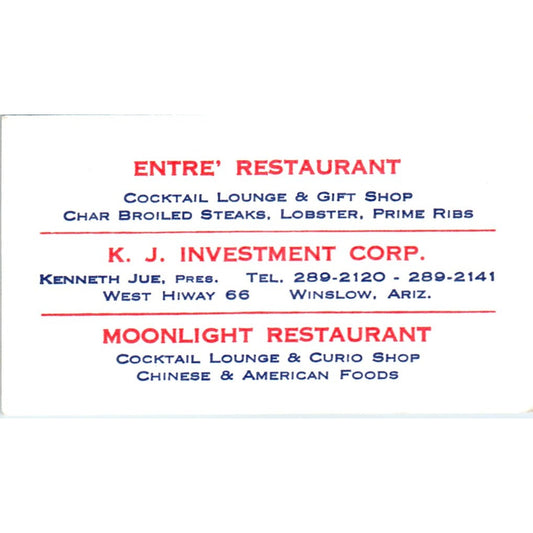 Entre' Restaurant, Moonlight Restaurant, K.J. Investments Winslow AZ Card SD8-B7