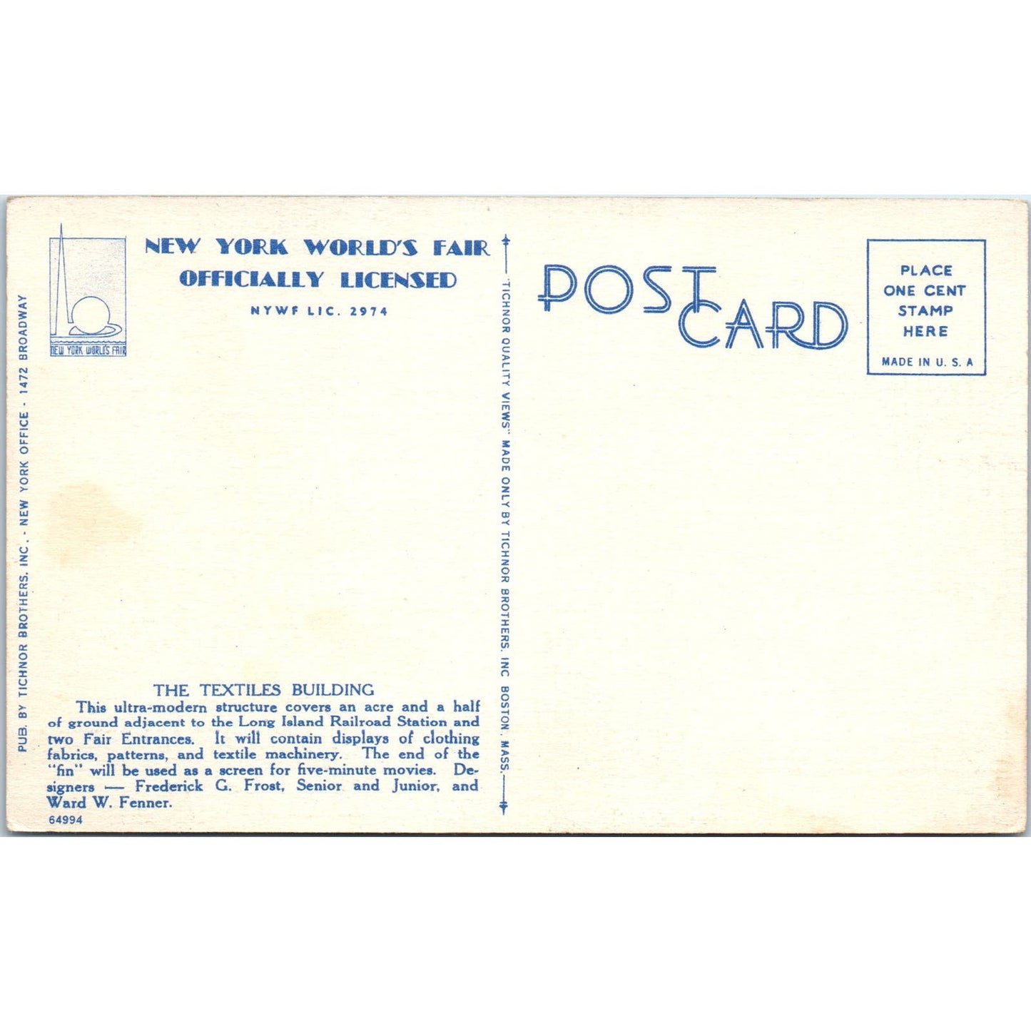 1939 New York World's Fair Textiles Building Vintage Postcard PD3