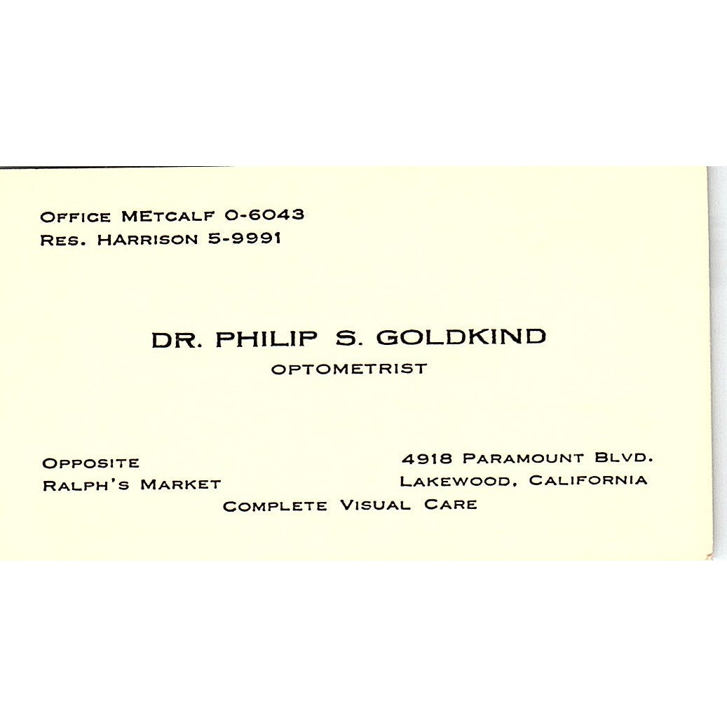 Dr. Philip S. Goldkind Optometrist Lakewood CA Vintage Business Card SB4-B5