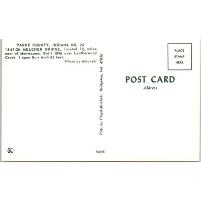 Melcher Bridge Parke County 24 Montezuma IN Vintage Covered Bridge Postcard PC15