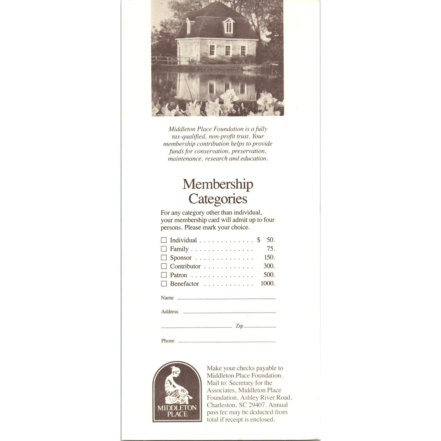 Vintage Invitation from Middleton Place Foundation Charleston SC Leaflet TF4-B3