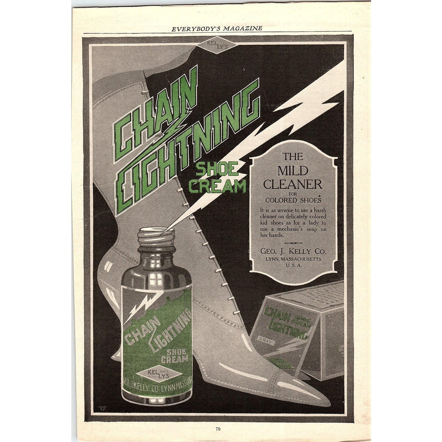 Chain Lightning Shoe Cream Geo. J. Kelly Lynn MA Magazine Ad 8x11 V10