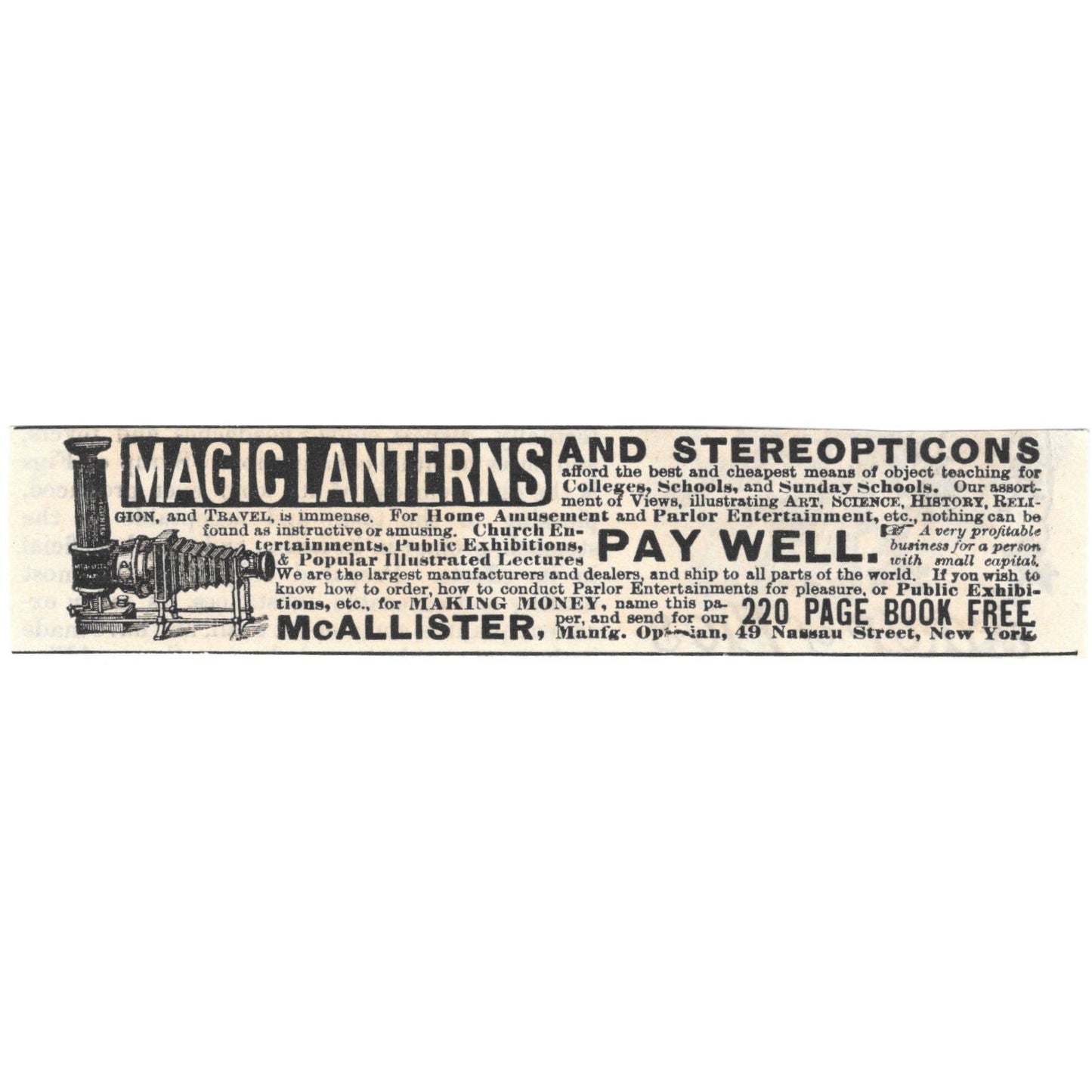 McAllister Magic Lanterns and Stereopticons c1890 Victorian Ad AE8-CH13