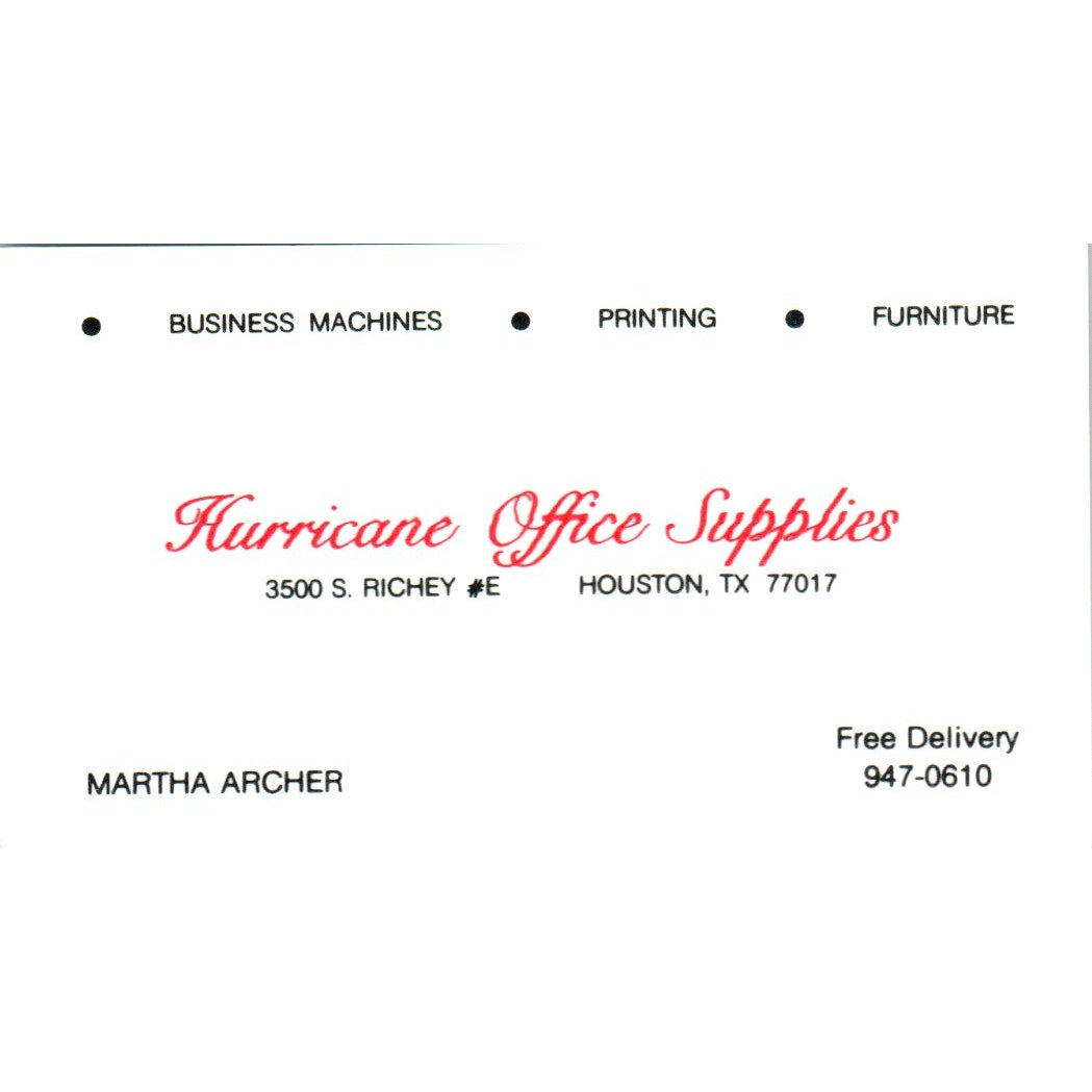 Martha Archer Hurricane Office Supplies Houston Vintage Business Card SE3-B5