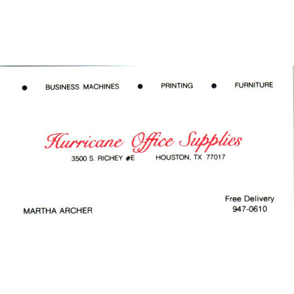 Martha Archer Hurricane Office Supplies Houston Vintage Business Card SE3-B5