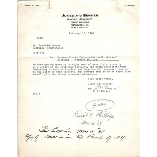 1938 Jones and Benner Ins. Adjustments Pittsburgh PA Letterhead Memo D20