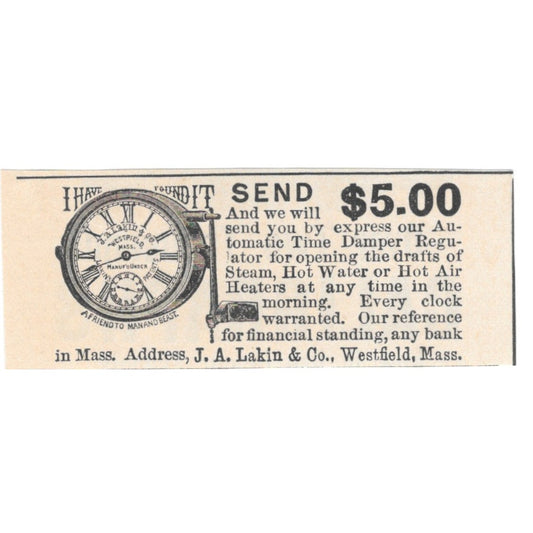 J.A. Lakin & Co Automatic Time Damper Westfield MA 1892 Magazine Ad AK6-S1