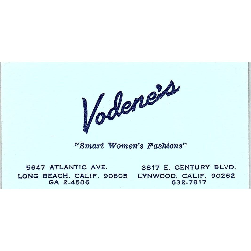Vodene's Smart Women's Fashion Long Beach, Lynwood CA Vtg Business Card SE5-B3