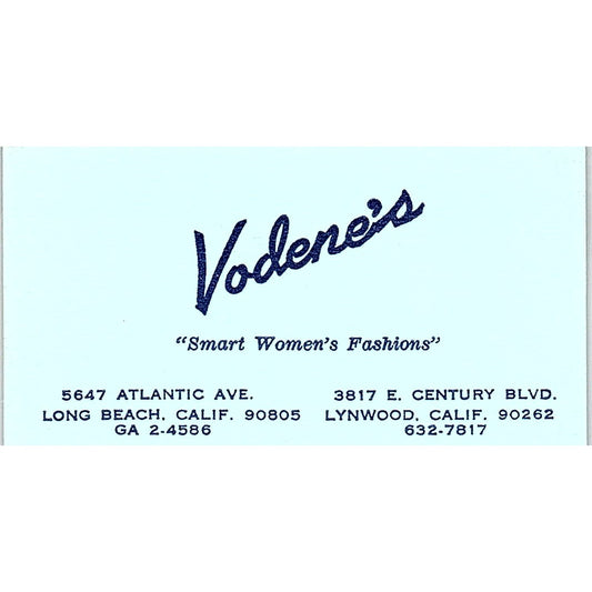 Vodene's Smart Women's Fashion Long Beach, Lynwood CA Vtg Business Card SE5-B3