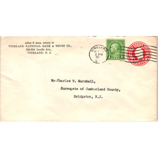 c1930 Vineland Bank  to Charles V. Marshall NJ Postal Cover Envelope TG7-PC3