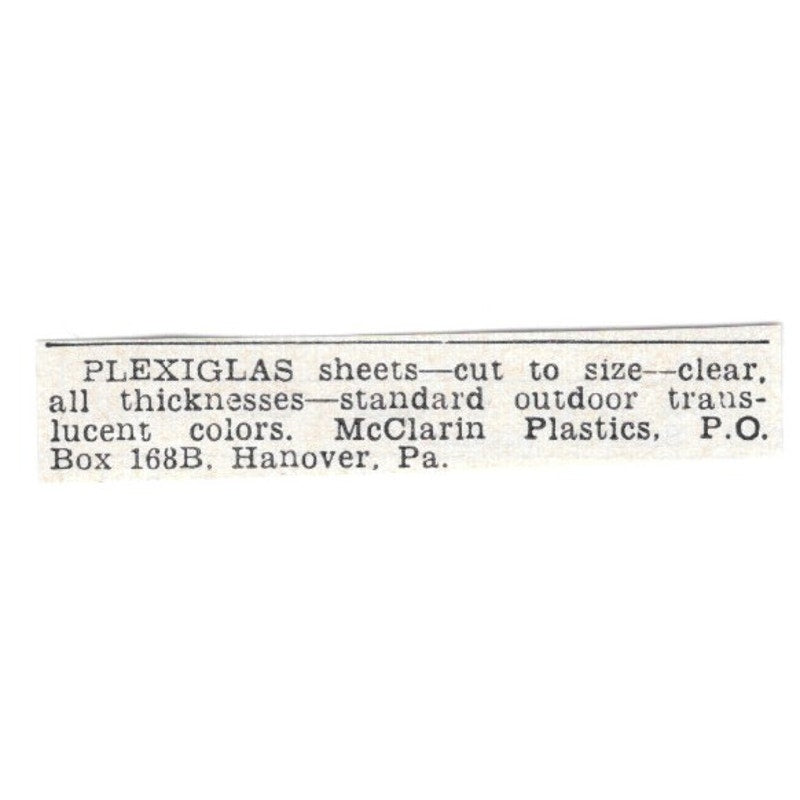 Plexiglass Sheets - McClarin Plastics, Hanover PA 1955 Ad AG1-S7