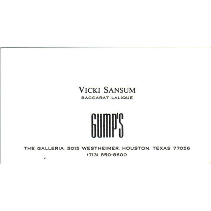 Gump's Vicki Sansum Baccarat-Lalique Houston TX Vintage Business Card SD8-B18