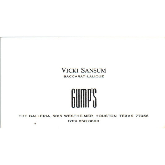 Gump's Vicki Sansum Baccarat-Lalique Houston TX Vintage Business Card SD8-B18