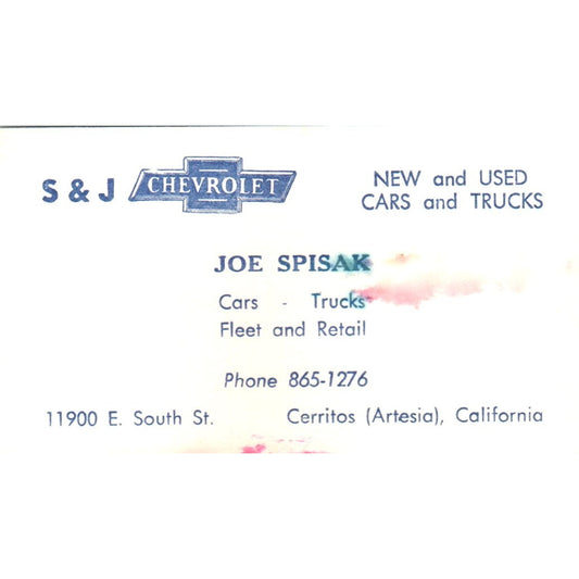 Joe Spisak S&J Chevrolet Cerritos Artesia CA Vintage Business Card SE3-B7