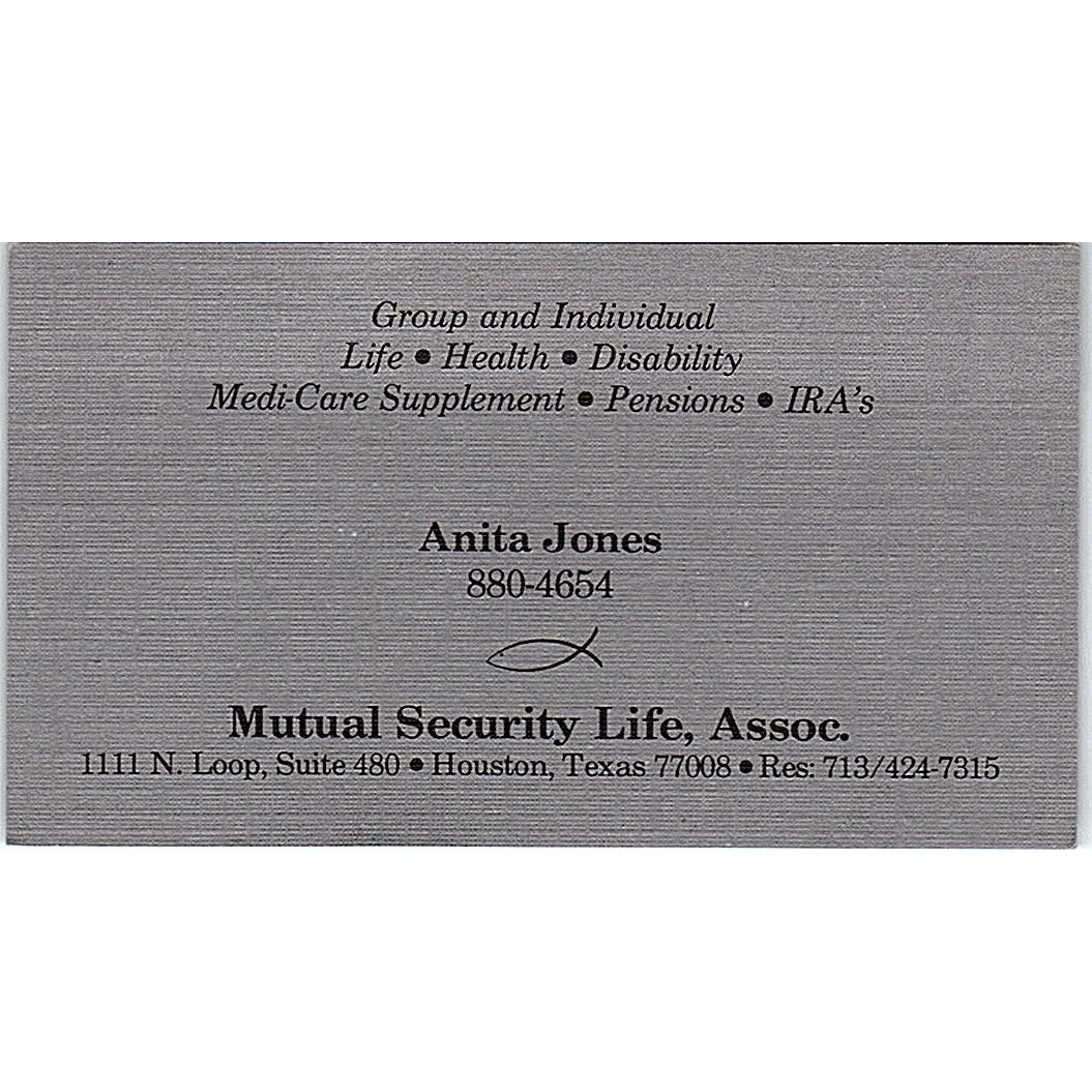 Anita Jones Mutual Security Life Ins Houston Vintage Business Card SD9-B6