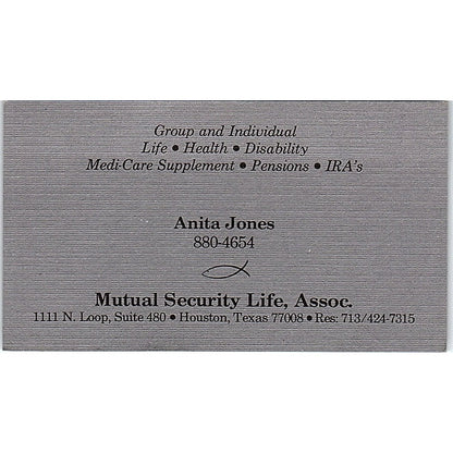 Anita Jones Mutual Security Life Ins Houston Vintage Business Card SD9-B6