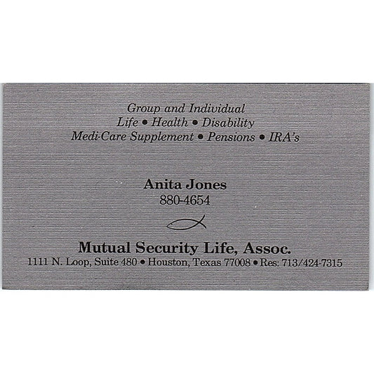 Anita Jones Mutual Security Life Ins Houston Vintage Business Card SD9-B6