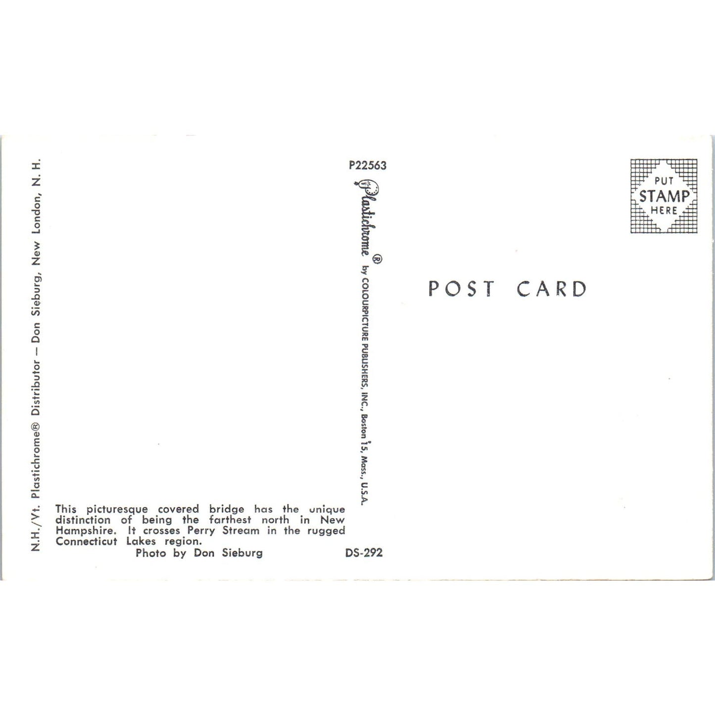 Perry Stream Connecticut Lakes New Hampshire Covered Bridge Postcard PB12