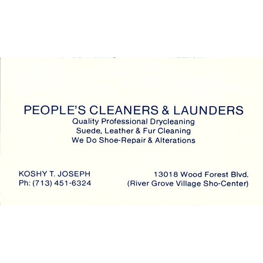 People's Cleaners & Launders Koshy T. Joseph Wood Forest Business Card SF3-B5