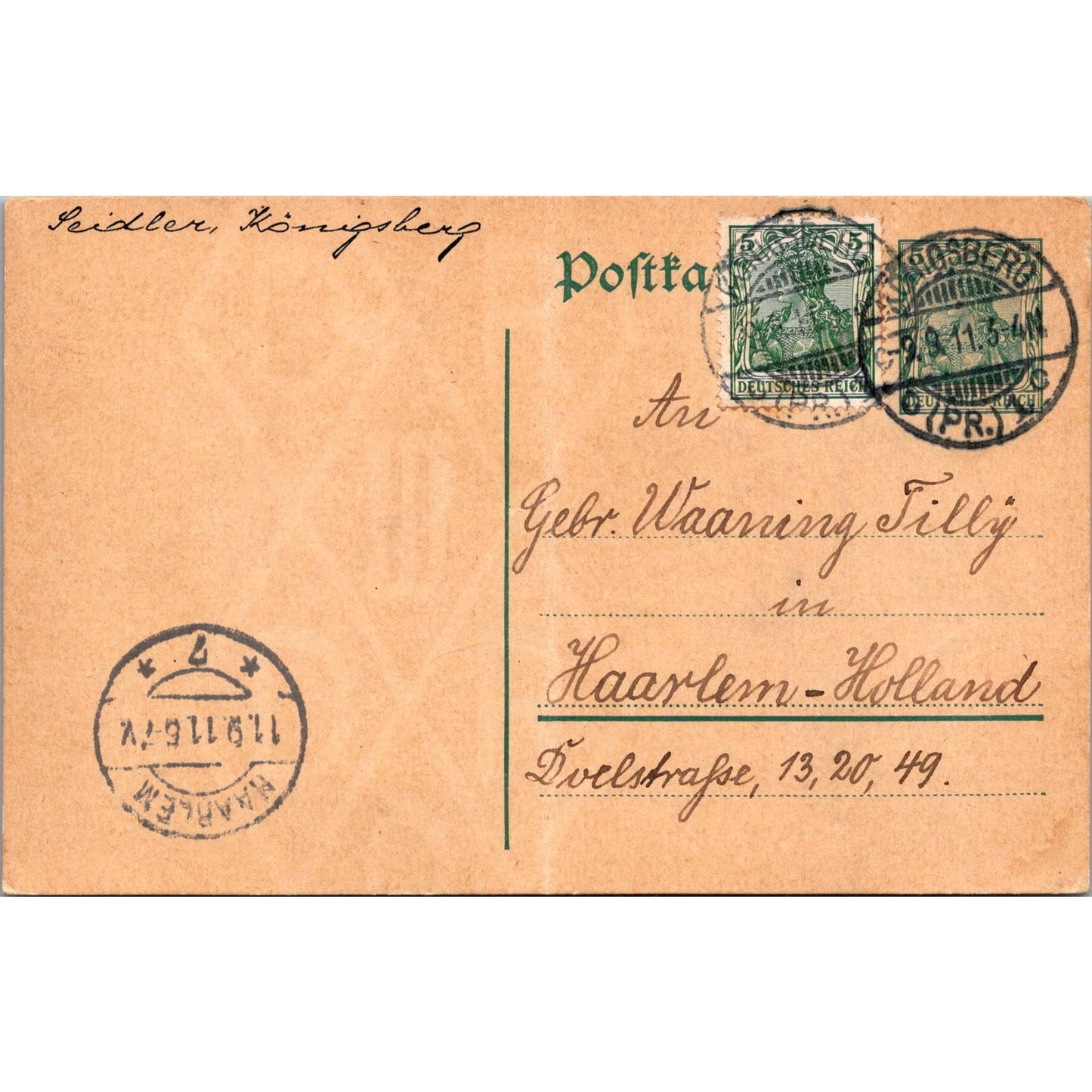 Königsberg Gebr Waaning Tilly Haarlem-Holland 1911 German Reich Postcard TE2-GRQ