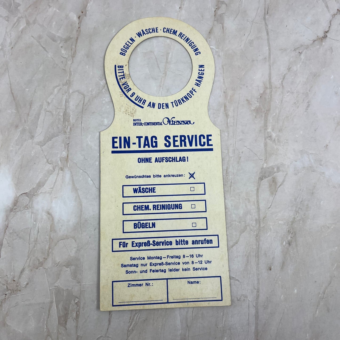 Vintage Hotel Intercontinental Vienna One Day Service Door Hang Tag AE4