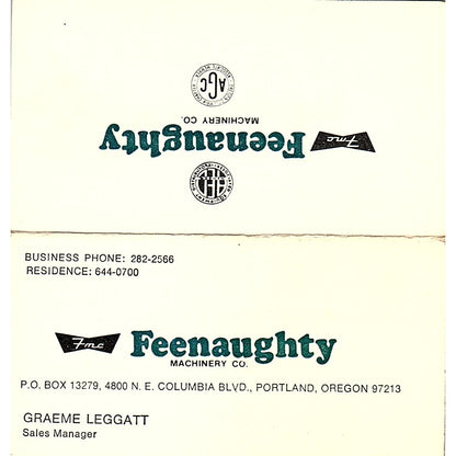 Feenaughty Machinery co. Graeme Leggatt Portland Oregon, Business Card SB4-B4