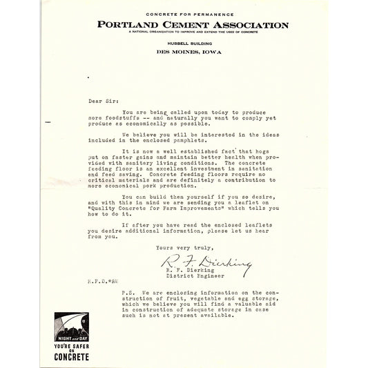 Portland Cement Association Letter Des Moines IA R.F. Dierking c1942 WWII AG5-1