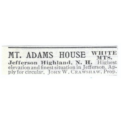 Mt. Adams House Jefferson Highland John W. Crawshaw c1918 Advertisement AE5-SV4
