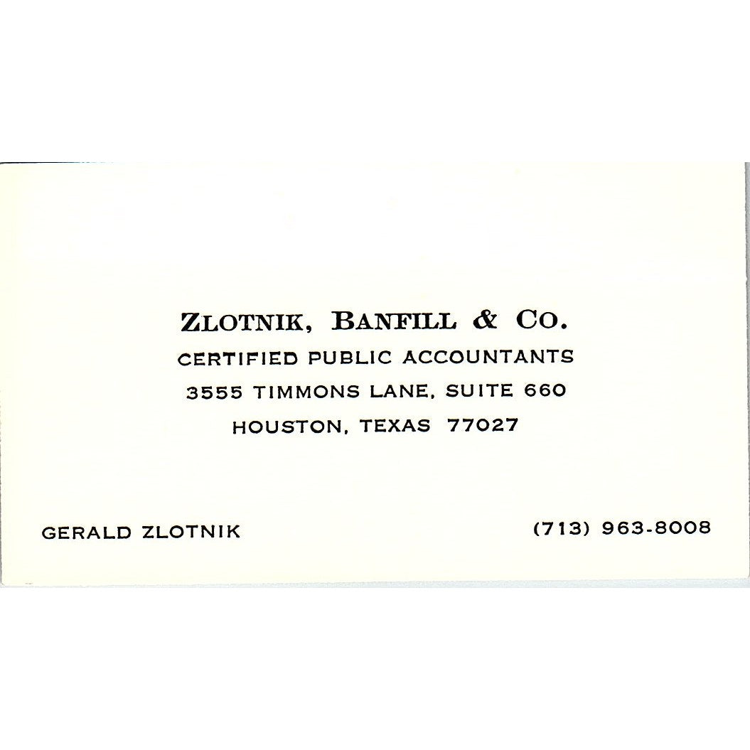 Gerald Zlotnik Banfill & Co CPA Houston TX Vintage Business Card SD9-B1