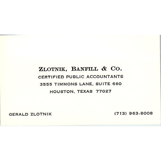 Gerald Zlotnik Banfill & Co CPA Houston TX Vintage Business Card SD9-B1