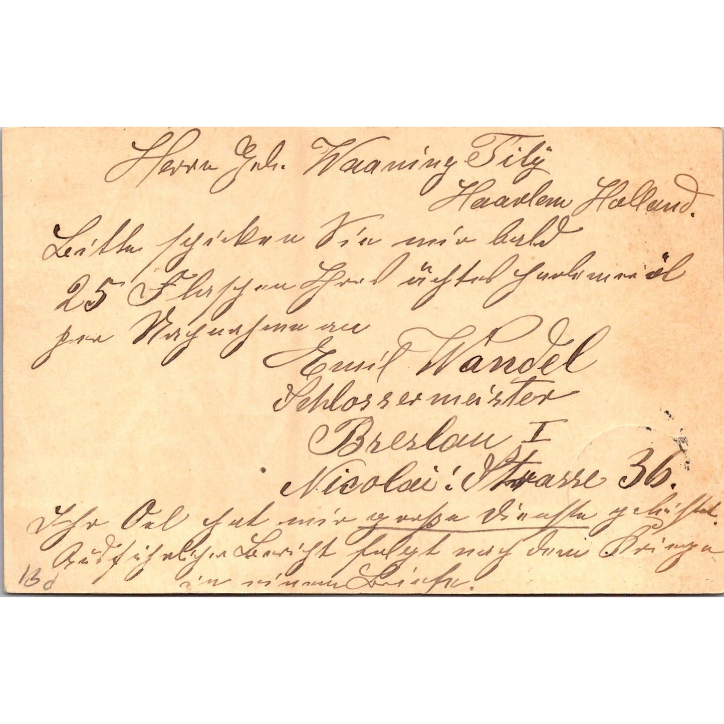 Waaning Tilly Haarlem Wandel Breslan 1915 German Reich Postcard P5-11