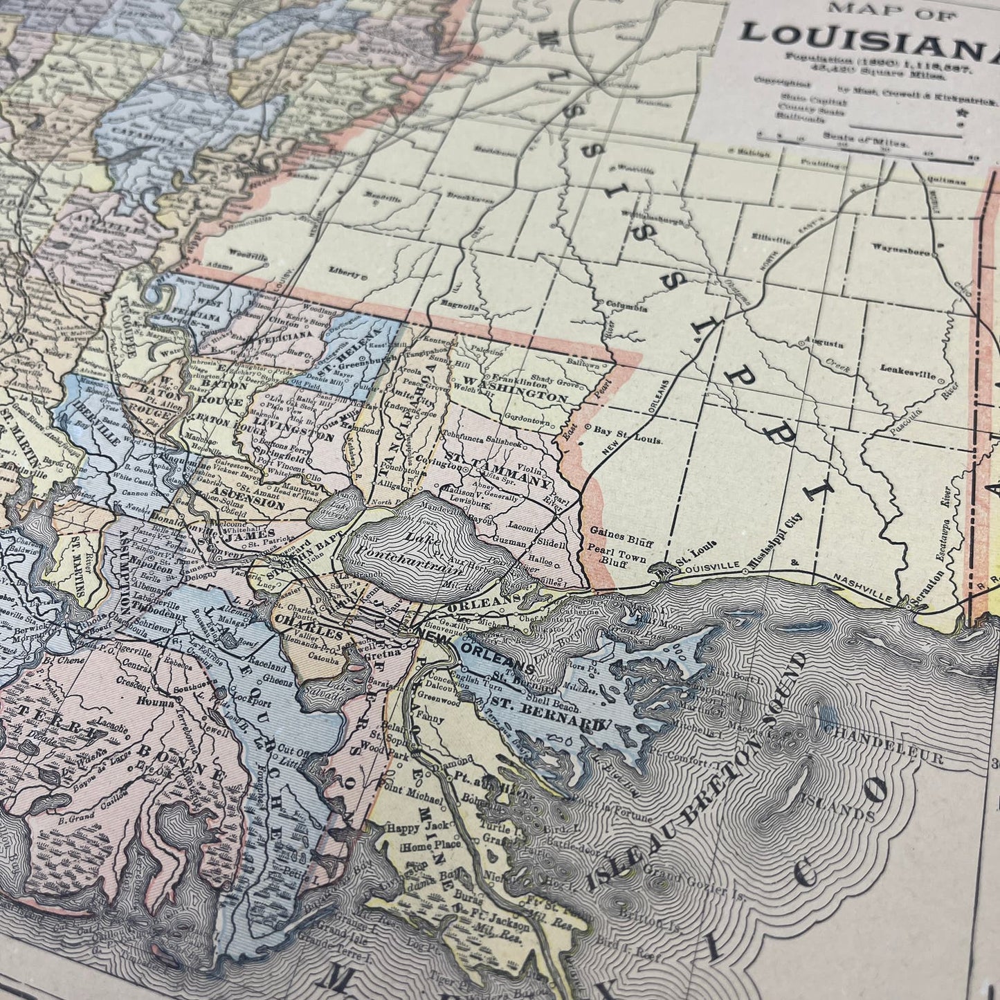 1899 Map of Louisiana 10x13 Original Tinted Map Engraving FL6-8