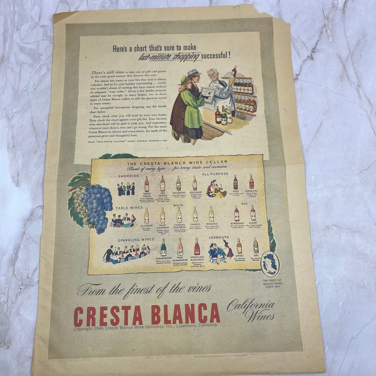 1946 Cresta Blanca Wines Livermore CA 10x13 Magazine Advertisement FL6-7