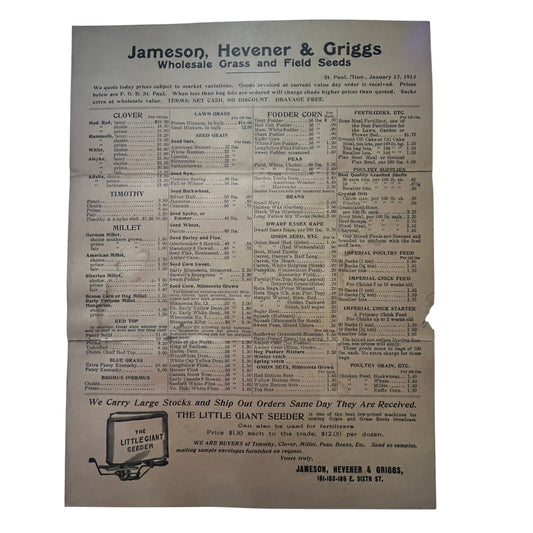 1913 Jameson, Hevener & Griggs Wholesale Seed Price List St. Paul MN K22