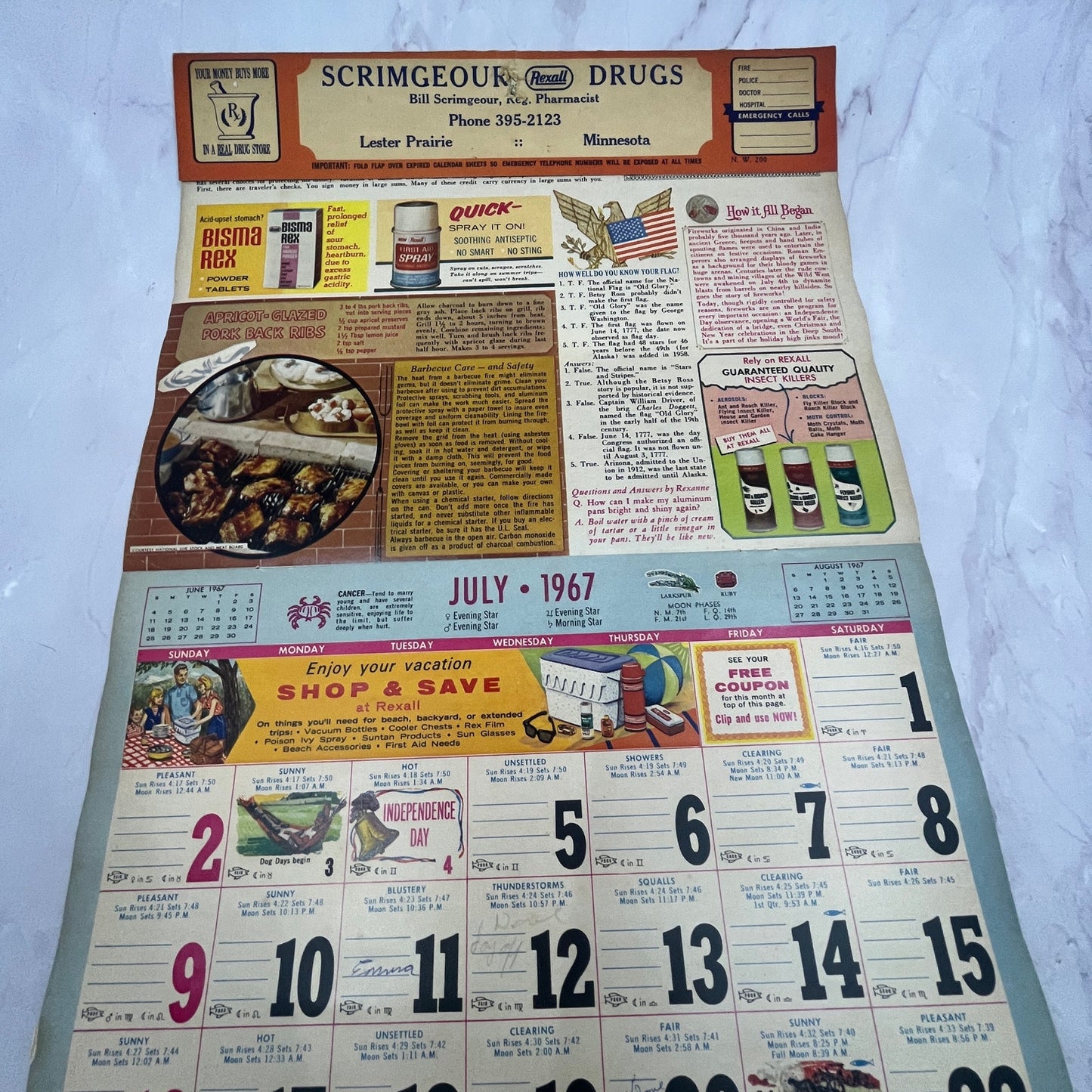 1967 Bill Scrimgeour Rexall Drugs Calendar Lester Prairie MN V23