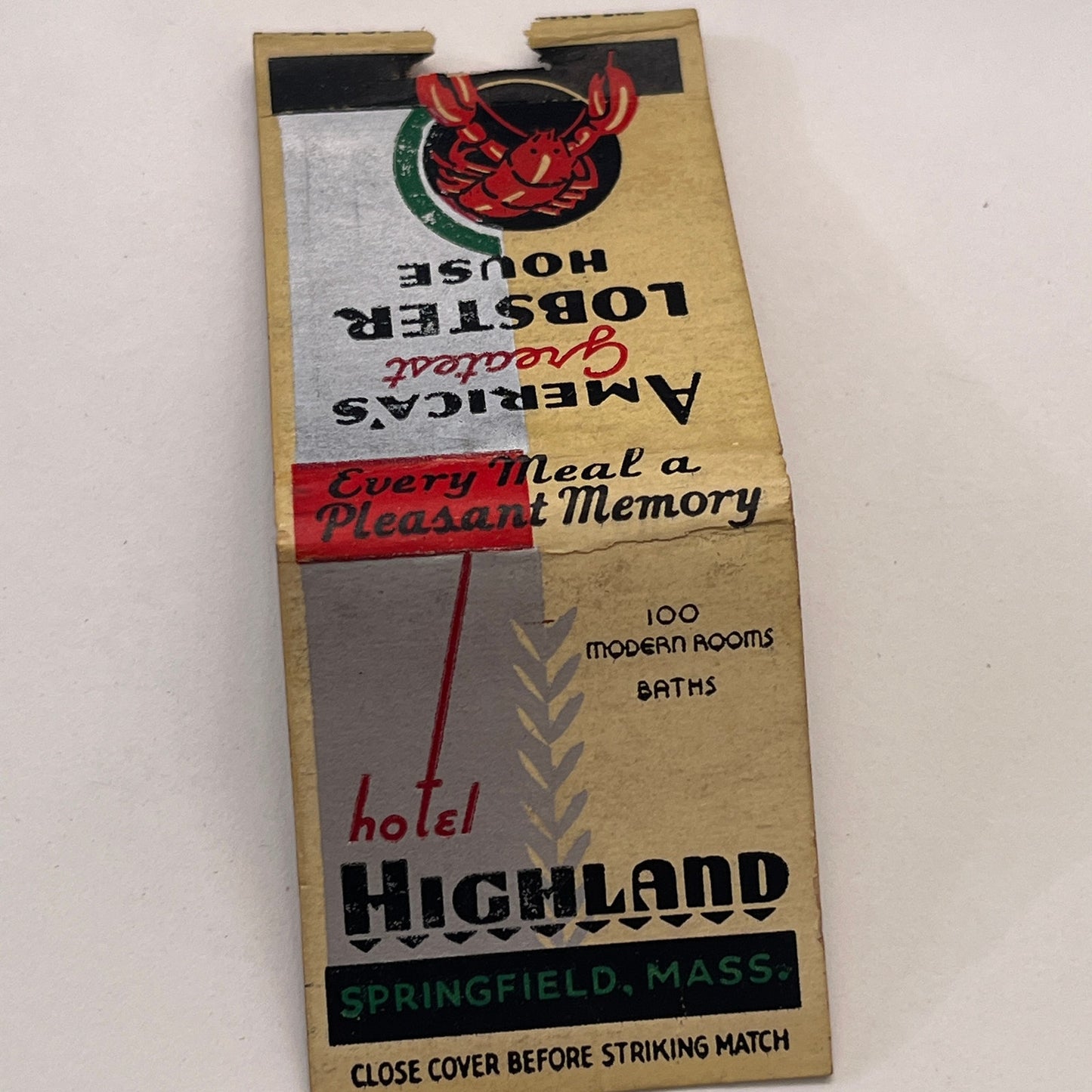 Hotel Highland Springfield MA Lobster House Vintage Matchbook Cover MM3-1