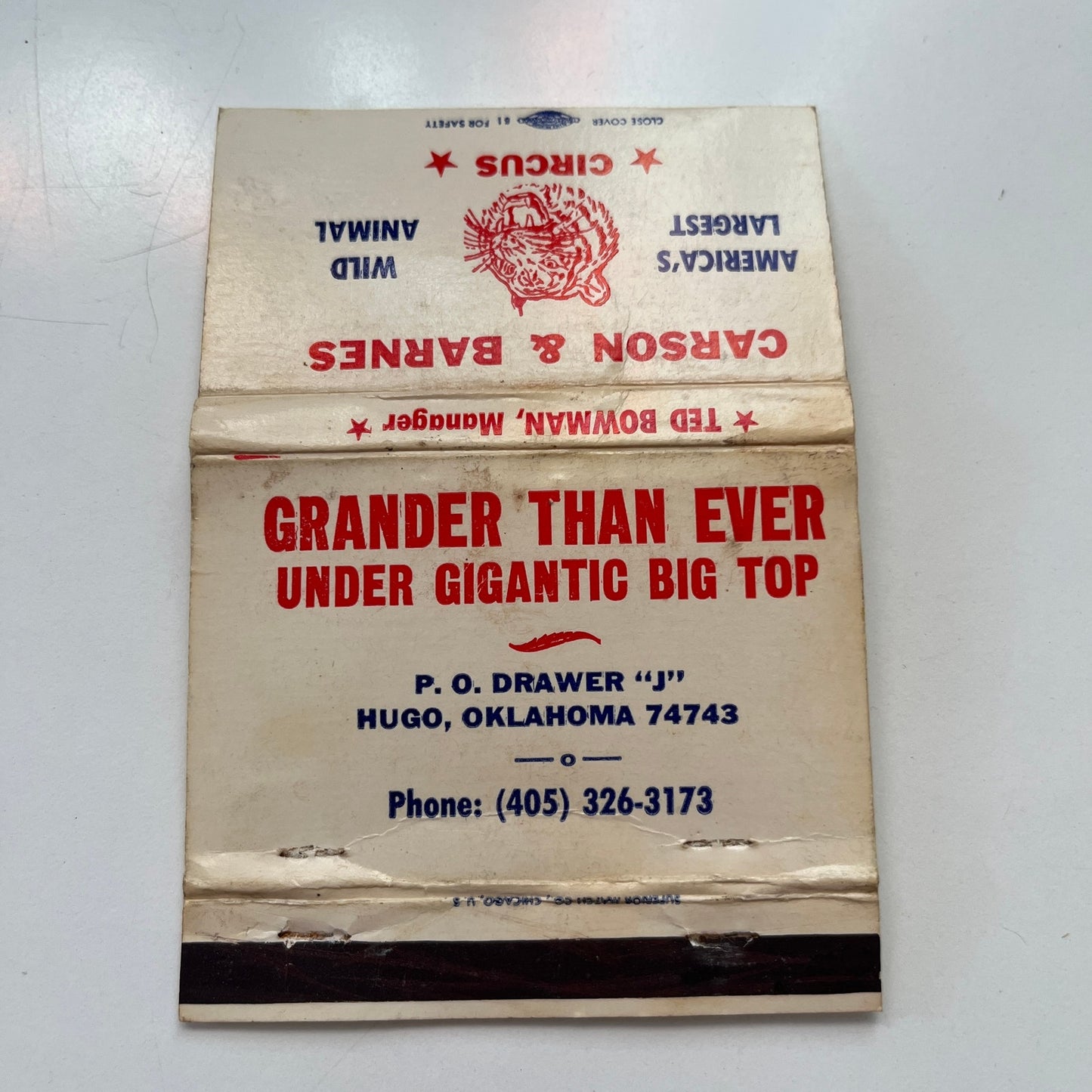 Carson & Barnes Circus Hugo Oklahoma Vintage Matchbook Cover SA6-M10