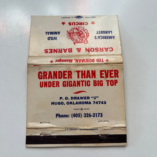 Carson & Barnes Circus Hugo Oklahoma Vintage Matchbook Cover SA6-M10