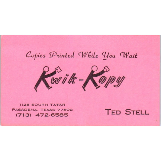 Ted Stell Kwik-Kopy Printing Pasadena Texas Vintage Business Card SD4-B3