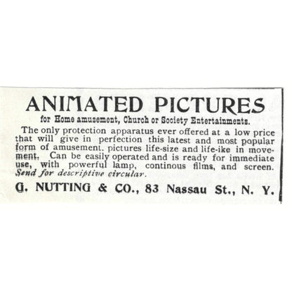 Animated Pictures G. Nutting & Co Nassau St NY 1897 Victorian Ad AE9-TS11