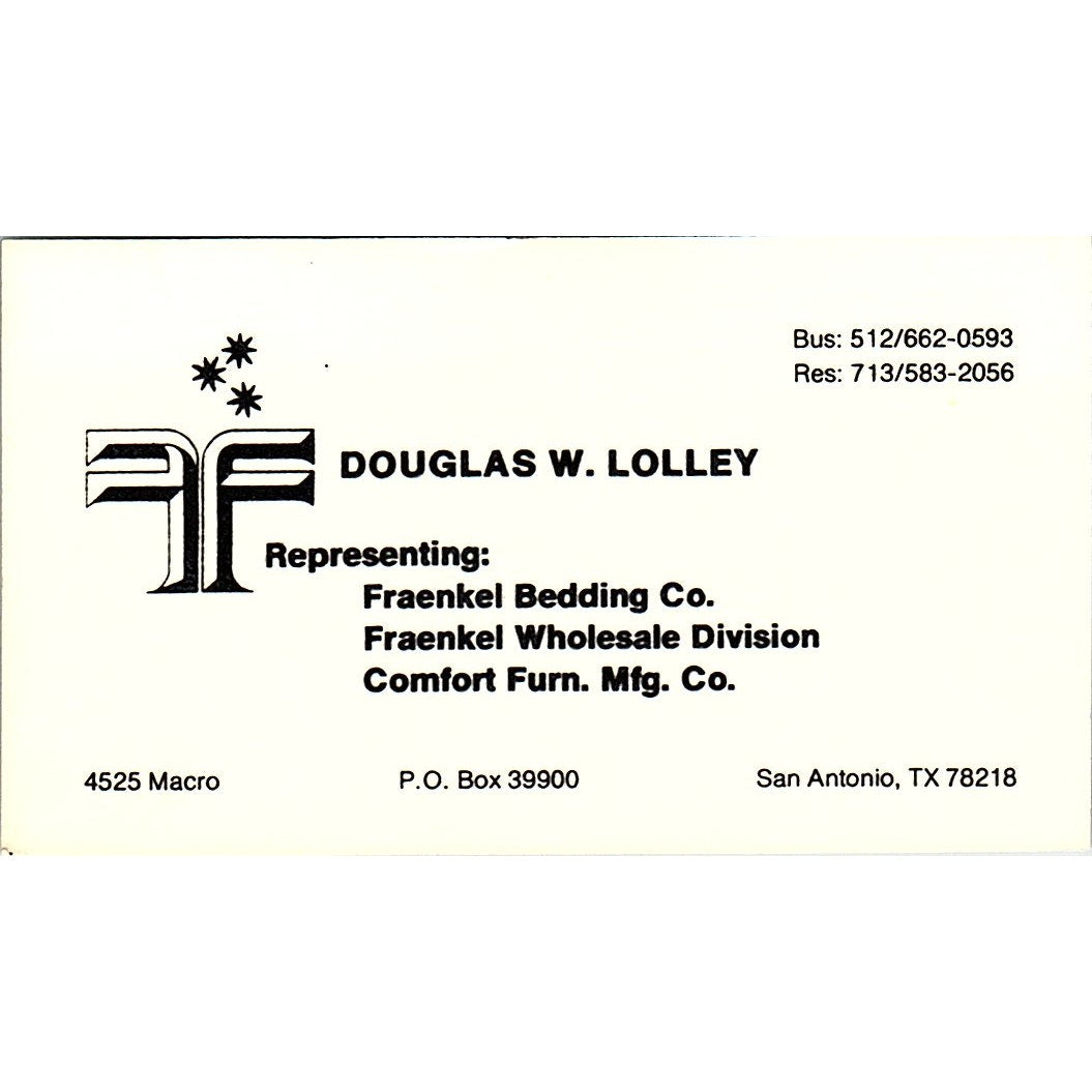Douglas W Lolley Fraenkel Bedding Co San Antonio TX Vintage Business Card SC9-B8