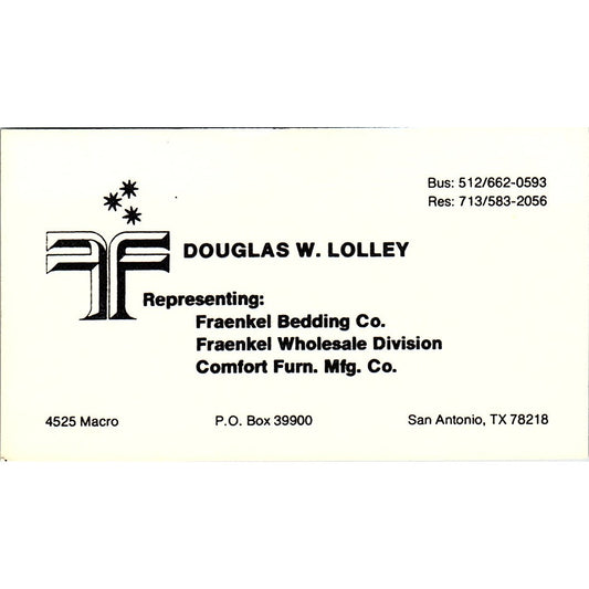 Douglas W Lolley Fraenkel Bedding Co San Antonio TX Vintage Business Card SC9-B8