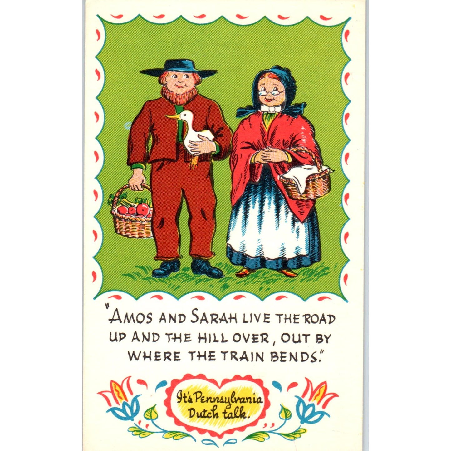 Amish Amos and Sarah Live By The Road Illustrated PA Dutch Postcard PD7