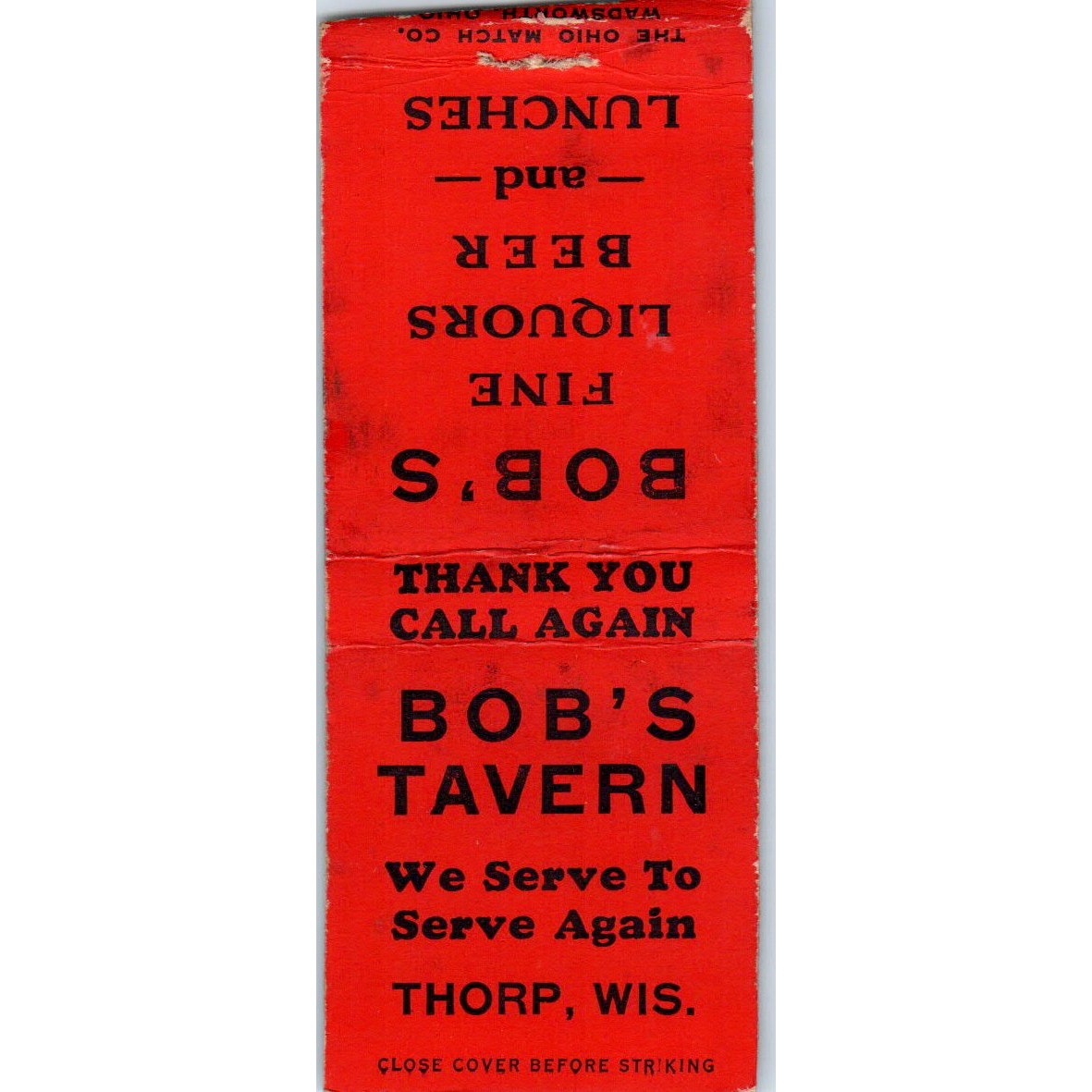 Bob's Tavern Thorp Wisconsin Vintage Matchbook Cover SD4-Y7