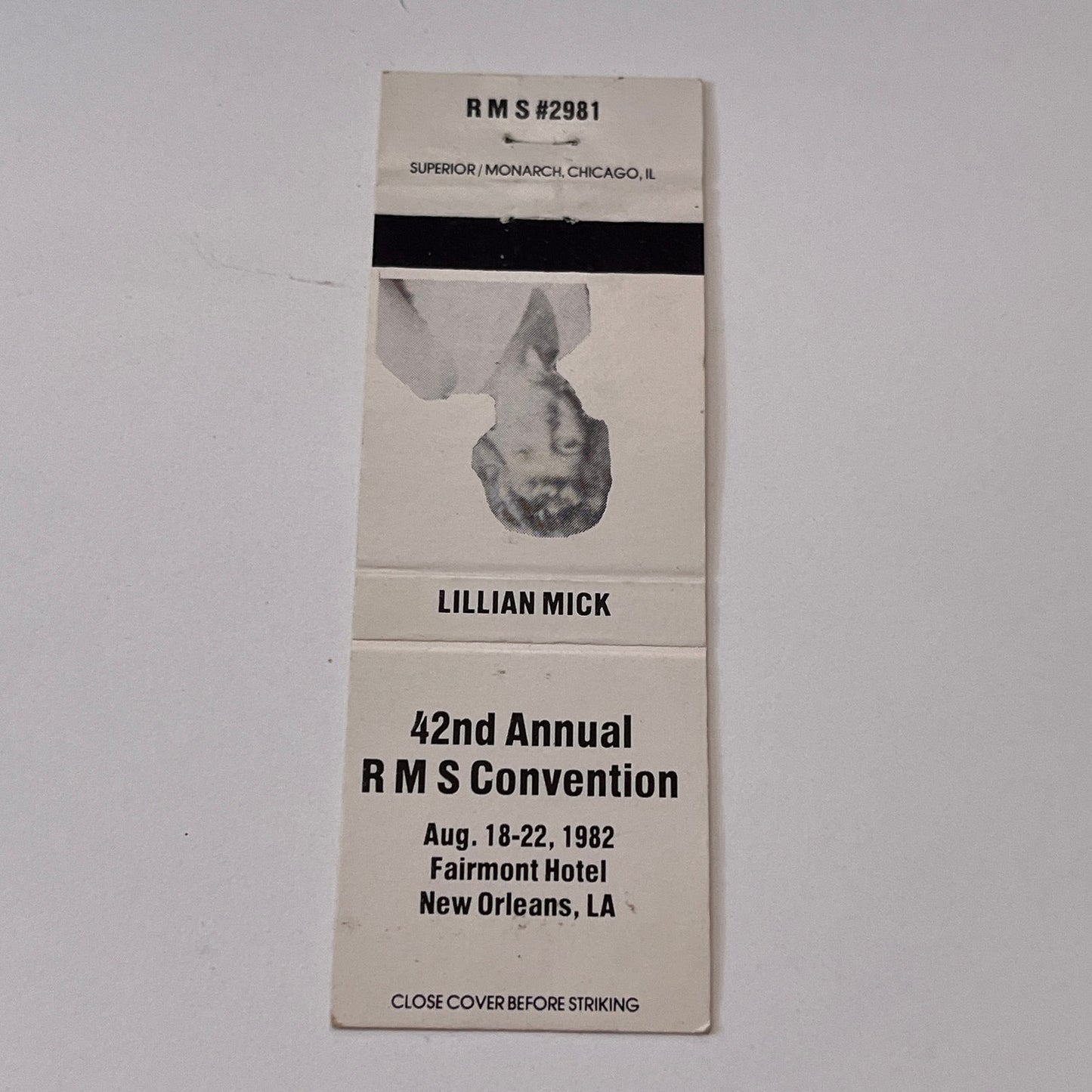 1982 RMS Convention Lillian Mick New Orleans Vintage Matchbook Cover TB6-MB1-15