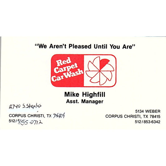 Mike Highfill Red Carpet Car Wash Corpus Christi Vintage Business Card SC9-B3