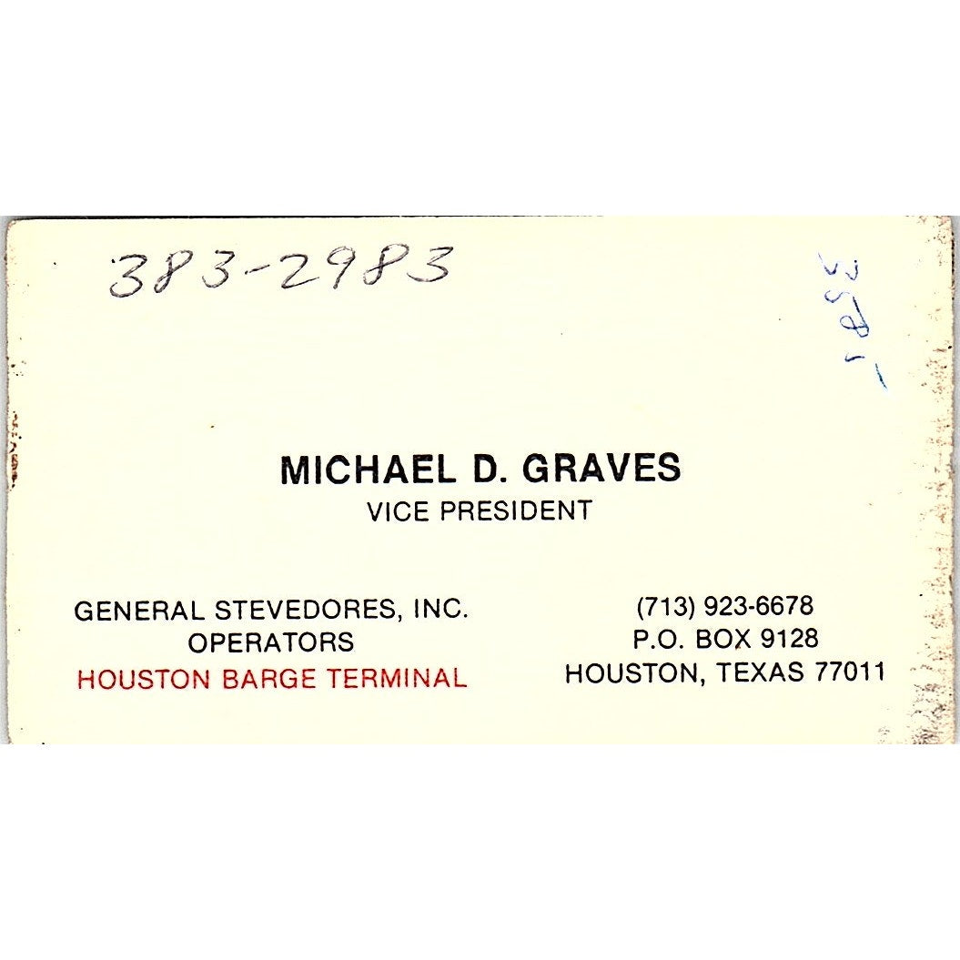 Michael D Graves General Stevedores Inc Houston Vintage Business Card SC9-B4